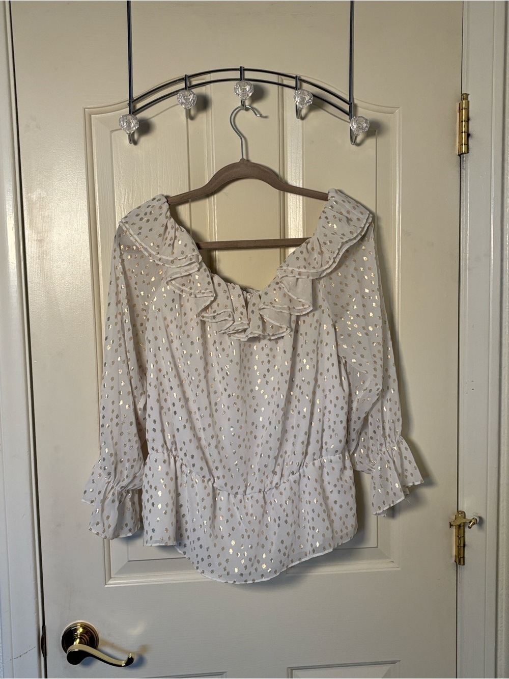 Vince Camuto White Ruffle Neck Blouse with Gold Foil Accents